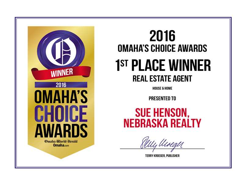 about-sue-henson-2 2016 1st place winner of Omaha's Choice Awards certificate